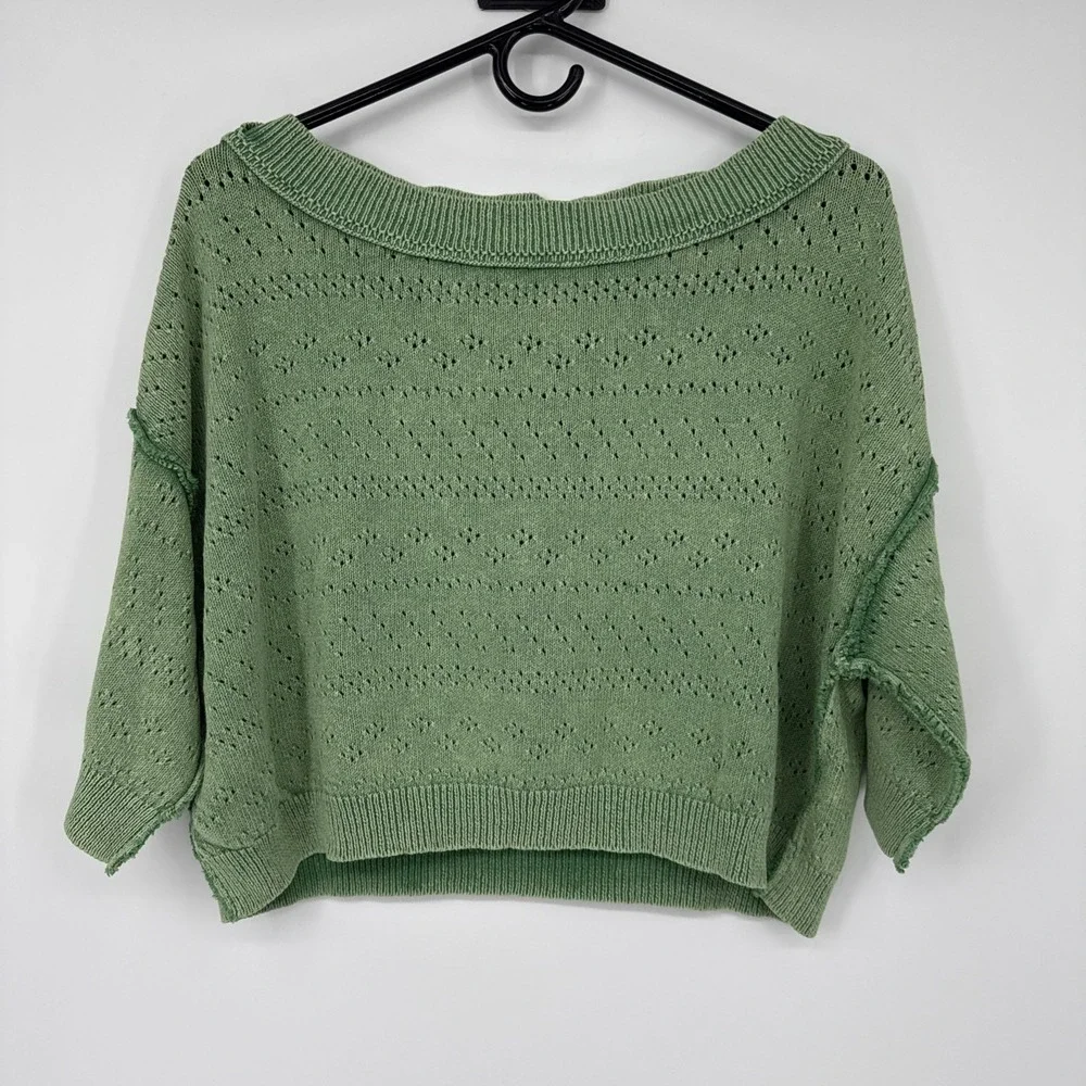 Free People Sandcastle Crop Eyelet Sweater Green Boatneck Knit Boho Preppy XS